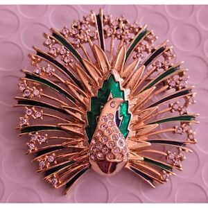 Beautiful Vintage Peacock Brooch Blue, Green & Gold Tone body Enamel Rhinestones